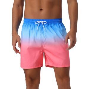 Contrast Color Gradient Elastic Waist Summer Drawstring Beach Shorts Blue Red